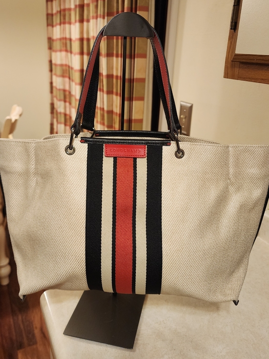 Longchamp Handbags - Longchamp Beige Canvas Tote with Black and Red Stripe